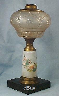 Antique Composite Oil Kerosene Lamp Star & Clover Font Painted Flowers Pedestal