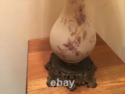 Antique Consolidated 1890's 29 1/2 Table Oil Lamp WithPainted Floral Bird Shade