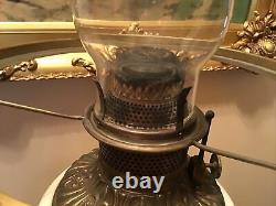 Antique Consolidated 1890's 29 1/2 Table Oil Lamp WithPainted Floral Bird Shade
