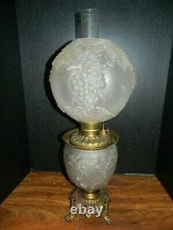 Antique Consolidated Clear Satin Glass & Brass Oil Table Lamp Grapes Shade VG