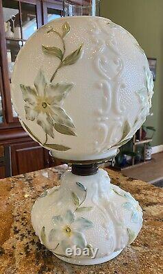 Antique Consolidated GWTW Parlor Oil Lamp with Embossed Flowers Ball Shade