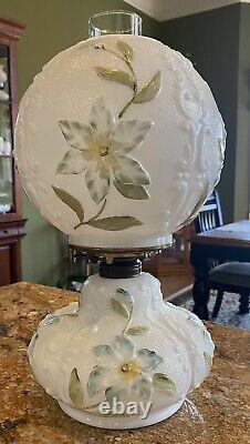 Antique Consolidated GWTW Parlor Oil Lamp with Embossed Flowers Ball Shade