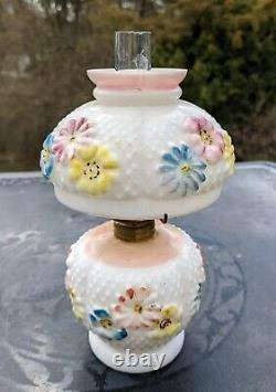 Antique Consolidated Milk Glass Cosmos Miniature Oil Lamp withWick Chimney & Shade