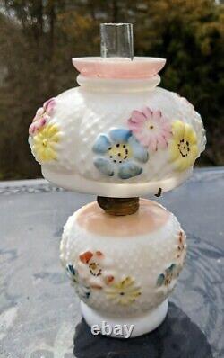 Antique Consolidated Milk Glass Cosmos Miniature Oil Lamp withWick Chimney & Shade