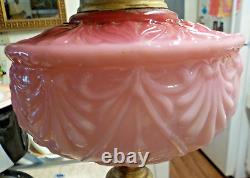 Antique. Converted Chamber oil lamp overlay ruby pink white glass