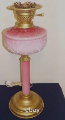 Antique. Converted Chamber oil lamp overlay ruby pink white glass