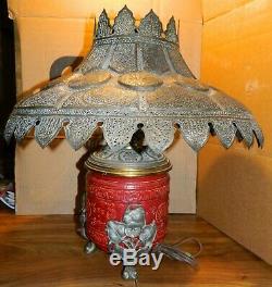 Antique Converted Embossed Ceramic Oil Lamp Base with Ornate Pierced Brass Shade