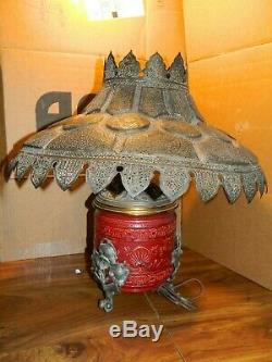 Antique Converted Embossed Ceramic Oil Lamp Base with Ornate Pierced Brass Shade