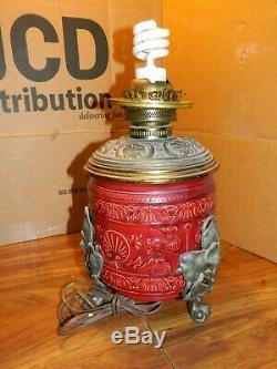 Antique Converted Embossed Ceramic Oil Lamp Base with Ornate Pierced Brass Shade