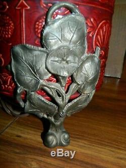 Antique Converted Embossed Ceramic Oil Lamp Base with Ornate Pierced Brass Shade