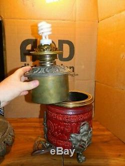 Antique Converted Embossed Ceramic Oil Lamp Base with Ornate Pierced Brass Shade