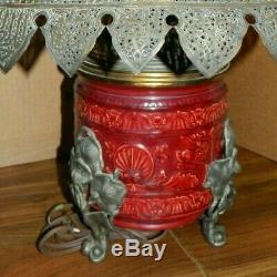 Antique Converted Embossed Ceramic Oil Lamp Base with Ornate Pierced Brass Shade