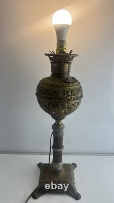 Antique Converted Oil Lamp Ornate Brass Victorian Table Lamp. 22 Tall