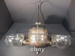 Antique Copper Angle Lamp Co Double Oil Lamp withRibbed Chimney