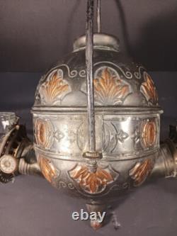 Antique Copper Angle Lamp Co Double Oil Lamp withRibbed Chimney