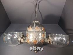 Antique Copper Angle Lamp Co Double Oil Lamp withRibbed Chimney