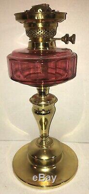 Antique Cranberry CUT Glass Oil Lamp LARGE Banquet GWTW #3 English Duplex Burner