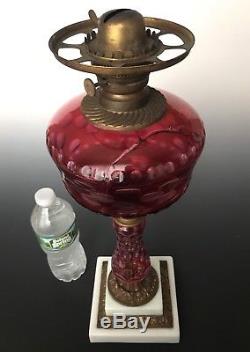 Antique Cranberry Cut-to-Clear Banquet Oil Lamp, Boston & Sandwich Glass, c. 1870