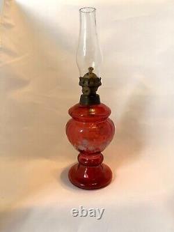 Antique Cranberry Flower Design Etched Glass Oil Lamp