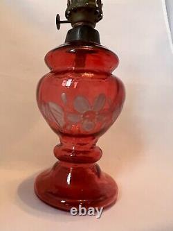 Antique Cranberry Flower Design Etched Glass Oil Lamp