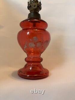 Antique Cranberry Flower Design Etched Glass Oil Lamp