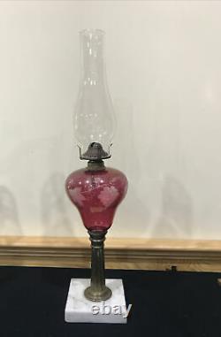 Antique Cranberry Glass Kerosene Oil Table Parlor Lamp Ruby Etched Grape Leaf