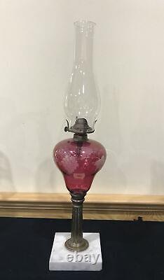 Antique Cranberry Glass Kerosene Oil Table Parlor Lamp Ruby Etched Grape Leaf