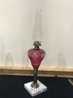 Antique Cranberry Glass Kerosene Oil Table Parlor Lamp Ruby Etched Grape Leaf