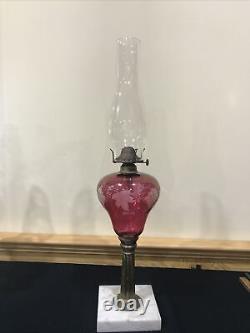 Antique Cranberry Glass Kerosene Oil Table Parlor Lamp Ruby Etched Grape Leaf
