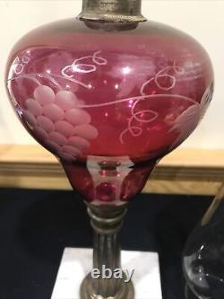 Antique Cranberry Glass Kerosene Oil Table Parlor Lamp Ruby Etched Grape Leaf