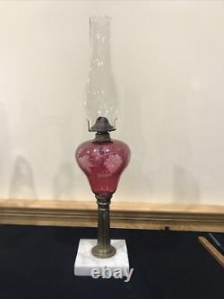 Antique Cranberry Glass Kerosene Oil Table Parlor Lamp Ruby Etched Grape Leaf