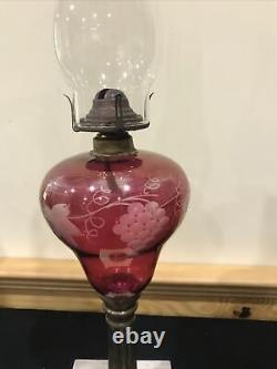 Antique Cranberry Glass Kerosene Oil Table Parlor Lamp Ruby Etched Grape Leaf