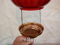 Antique Cranberry Glass Shade Hanging Hall Oil Lamp