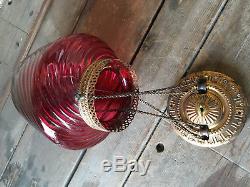 Antique Cranberry Glass Swirl Pull Down Oil Lamp Chains Parlor Hanging 1840's