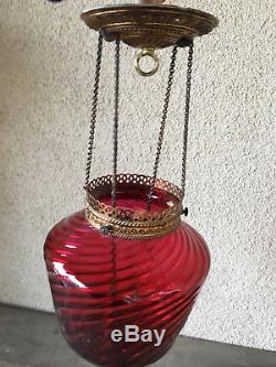 Antique Cranberry Glass Swirl Pull Down Oil Lamp Chains Parlor Hanging 1840's