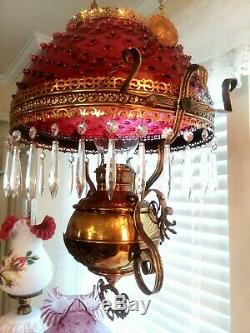 Antique Cranberry Hobnail Hanging Miller Oil Lamp Library Parlor Lamp