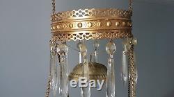 Antique Cranberry JEWELED Ornate Brass Hanging Library Oil Lamp Frame w Prisms
