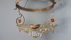 Antique Cranberry JEWELED Ornate Brass Hanging Library Oil Lamp Frame w Prisms