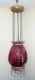 Antique Cranberry / Ruby Hanging Hall Oil Lamp with Prisms Large Size