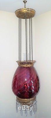 Antique Cranberry / Ruby Hanging Hall Oil Lamp with Prisms Large Size