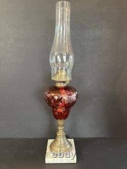 Antique Cranberry Ruby Red Cut to Clear Glass Oil Kerosene Lamp Complete