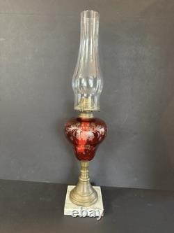 Antique Cranberry Ruby Red Cut to Clear Glass Oil Kerosene Lamp Complete