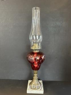 Antique Cranberry Ruby Red Cut to Clear Glass Oil Kerosene Lamp Complete
