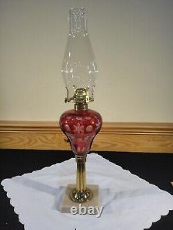 Antique Cranberry Ruby Red Cut to Clear Glass Oil Kerosene Lamp Complete