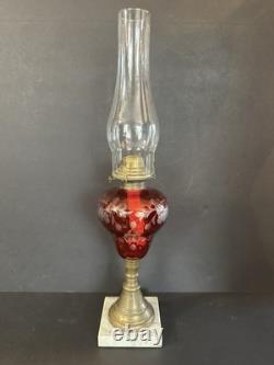 Antique Cranberry Ruby Red Cut to Clear Glass Oil Kerosene Lamp Complete