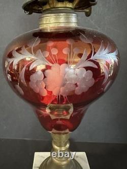 Antique Cranberry Ruby Red Cut to Clear Glass Oil Kerosene Lamp Complete