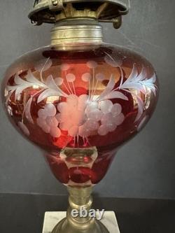 Antique Cranberry Ruby Red Cut to Clear Glass Oil Kerosene Lamp Complete