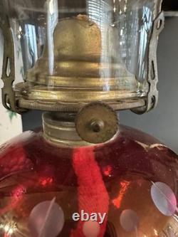 Antique Cranberry Ruby Red Cut to Clear Glass Oil Kerosene Lamp Complete