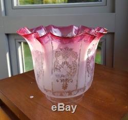 Antique Cranberry Ruby Red Glass Acid Etched Oil Lamp Shade Duplex 4 inch AF