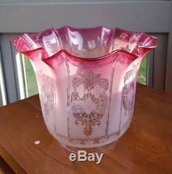 Antique Cranberry Ruby Red Glass Acid Etched Oil Lamp Shade Duplex 4 inch AF